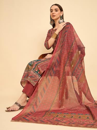 Image of SheWill Kurta Sets for Women - Red Rayon Aari Hand Work with Digital Floral Print Kurta with Pant and Chanderi Dupatta |Stylish Printed Summer Kurti Set