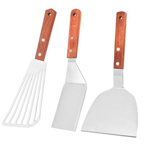 Juego de 3 espátulas de metal profesionales de acero inoxidable ranuradas con mango de madera, aleta de cocina para utensilios de cocina perforados y ranurados