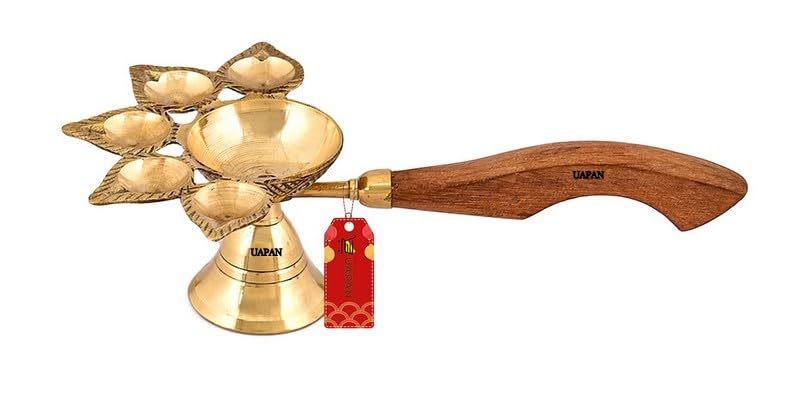 UAPAN Brass Pancharti Diya Oil Lamp Pach Aarti Deepak with Wooden Handle Pancharti Diya Panchmukhi Diya with in Goden Colour for Home Temple, Diwali and Others Occasion-image-32