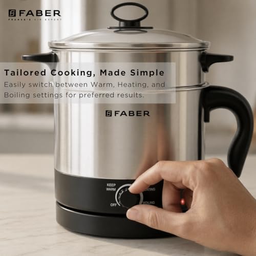 Image of Faber 600W 1.2L Multi Cooker + Steamer|Cook Noodles, Rice, Soup, Baby Food, Boil Veggies & Eggs|Steam Momos|SS204 Container & Steamer, Egg Boiler Stand, Lid|Temp Control Knob|FMC1.2L PRO Steamer SS