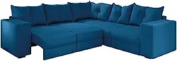 Sofá de Canto Retrátil 5 Lugares Veludo New Qatar Azul Selmer