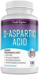 Simple-Organics D-Aspartic Acid Supplement, No Gluten, Binders or Fillers, Dietary Pills for Energy Support, 3000mg D-Aspartic Acid per Serving, 180 Non-GMO Vegan Capsules