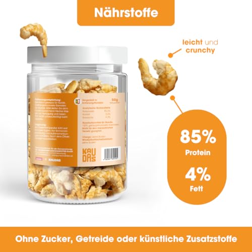 KAUDAS GarnelePur Natursnack – 3 x 50 g gefriergetrocknetes Garnelen Leckerli Hund mit hohem Proteingehalt, 100% natürlicher Hundesnack je 455g Rohgewicht – ohne Zucker, Getreide & Zusatzstoffe