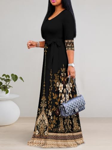 Image of PinkPatty Women's Plus Size V Neck 3 /4 Sleeve Boho Maxi Dress with Pockets