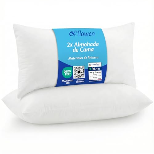 Flowen Almohadas para Cama 40x60 2 Unidades Relleno Cojin Hipoalergénico Antiácaros y Suave Rectangular para Hogar con Funda Exterior de Almohada Respirable en Poliéster Blanco