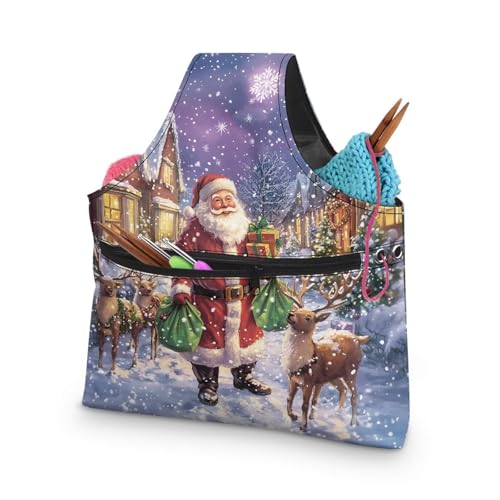 Image of KUIFORTI Santa Claus Christmas Yarn Bag Moose Portable Crochet Bag Organizer Portable for Crocheting Knitting Accessories Home Gifts, Size L