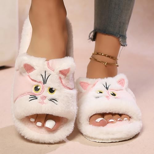 Plush Animal Slippers Soft Women's Cozy Home Shoes Bedroom Cartoon Cute Cat Stylish Open Toe Cotton Slippers3