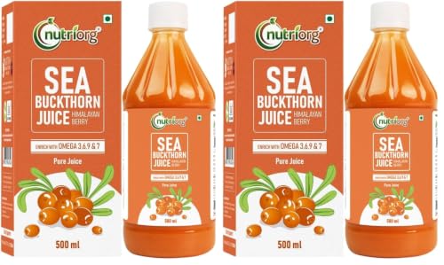 Image of Nutriorg Pure Sea Buckthorn Juice Concentrate Pulp 500 mL | Cold Pressed | 100% Himalayan Berry Pulp | Omega 3,6,7,9 & Vitamin C | Best for Immunity & Antioxidant Rich | Makes 50 Glasses | No Added Sugar & Colour