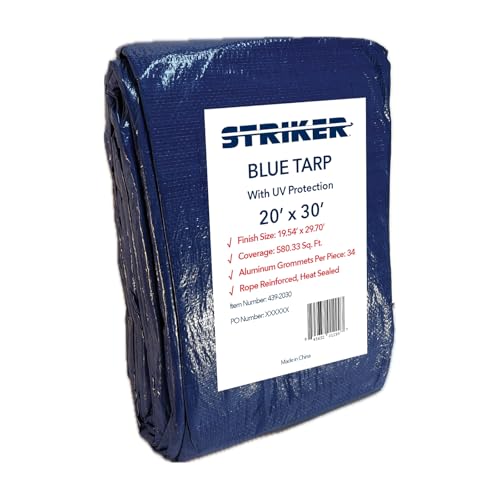 Striker Blue Tarp 20' x 30' with UV Protection, 34 Grommets, Rope Reinforced