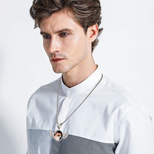 INBLUE Personalized Hip Hop Memory Photo Necklace Pendant Custom Engraved Text for Men Women Copper Iced Out Angel Wing Round & Heart Charm Medal Rope Chain Jewelry Gift2