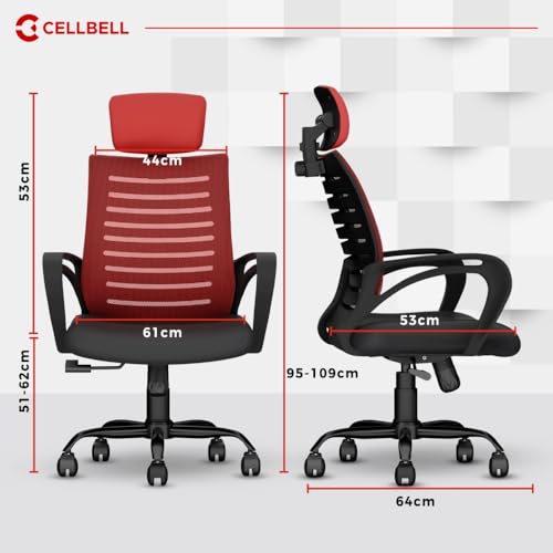 Image of CELLBELL Desire C104 Mesh High Back Ergonomic Office Chair - Adjustable Seat Height, Sturdy Metal Base, Revolving Study & Computer Chair for Work from Home, Red