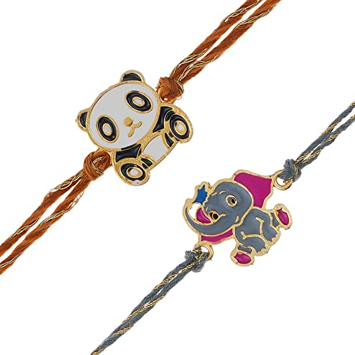 Image of eCraftIndia Set of 2 Multicolor Panda and Elephant Kids Rakhis with Roli Chawal Pack