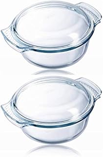 Pyrex Classic Easy Grip Glass Round Casserole Dish with Lid 1.5L Transparent (Pack of 2)