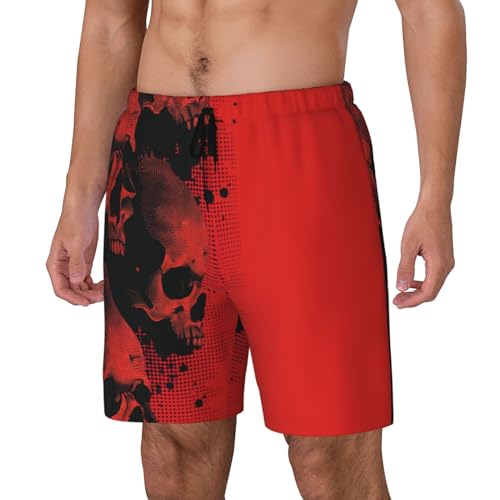 Red and Black Abstract Skull Funny Men's Swim Trunks Board Shorts Quick Dry-3