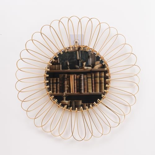 Image of NEERGREVE Bamboo Wall Mounted Mirror | Flower Wicker Rattan Decorative Mirrors for Living Room Bedroom Nursery Room Office (17.7 Inches)