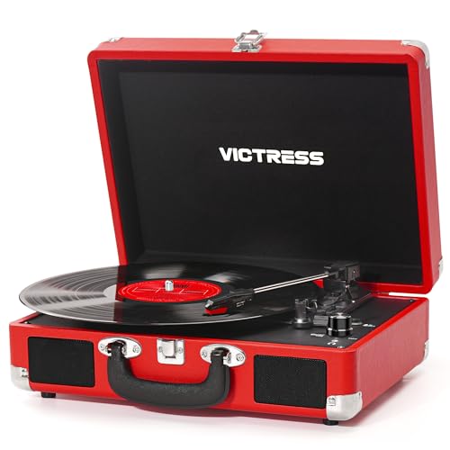 VICTRESS Vinyl Record Player Portable Suitcase Turntable with PC Recording & Bluetooth Input/Output 3-Speed LP Player Built-in Stereo Speakers RCA AUX Headphone Jack Red