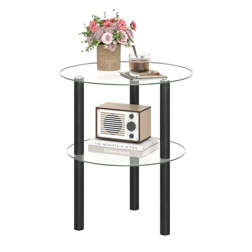 Image of GIANTEX Round End Table, 2-Tier Sofa Side Table with Clear Tempered Glass Top & Shelf, Small Accent Table with Solid Rubber Wood Legs for Living Room Bedroom Home Office (Black & Clear)