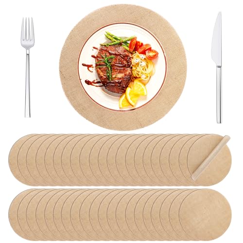 40 Pieces 11.8 Inch Round Burlap Placemats Bulk - Natural Color Round Jute Placemats with Laminated Coating, Burlap Chargers for Wedding Dinner Holiday Farmhouse Rustic Table Decorations
