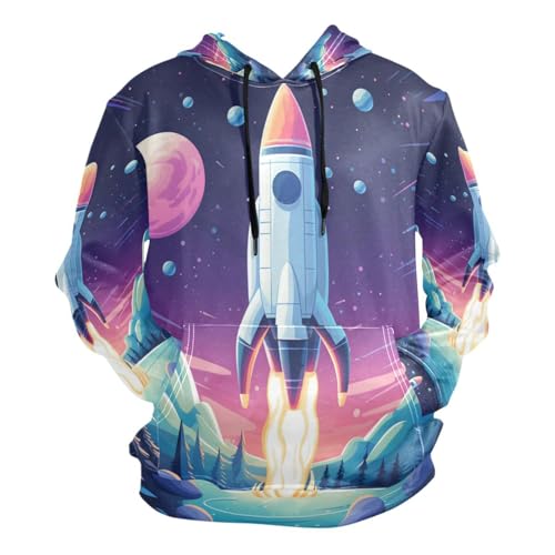 Blue Moon Rocket Planets Stars Hoodies 3D Print Athletic Hooded Sweatshirts for Athlete Men Boys(Health Fabric)