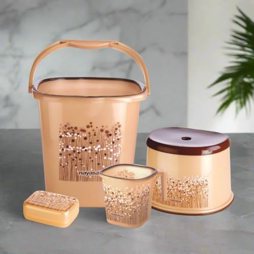 Nayasa Square Ring Funk Plastic Set for Bathroom | 18 Liters Bucket & 1.5 Liters Mug, Bathroom Accessories Set, Bathroom Bucket Set, Bucket, Mug, Stool & Soap Case, Brown - Bathroom Set of 4