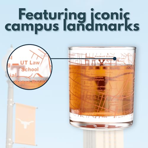 Image of Greenline Goods - University of Texas Longhorns College Whiskey Glasses (Set of 2), 10 oz - Full-Color Logo + Campus Map