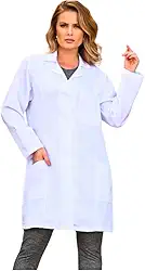 Avental Feminino Jaleco Profissíonal Estudante Acinturado Gola Padre Oxford, Corte Acinturado, 3 Bolsos.