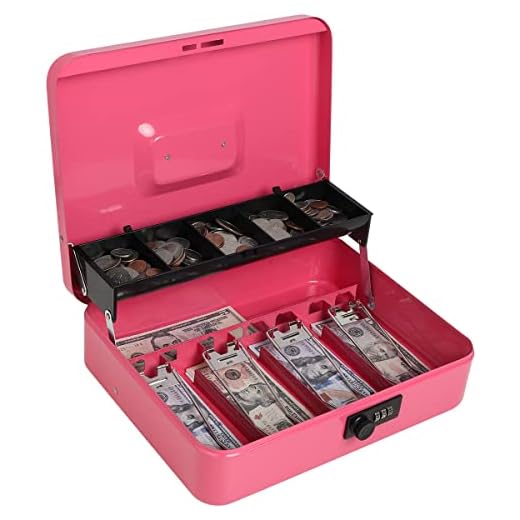 Metal Cantilever Cash Box with Key Lock, Decaller Large Lock Money Box - 5 Compartments with Cover & 4 Spring-Loaded Clips for Bills, Pink, 11 4/5" x 9 2/5" x 3 1/2"