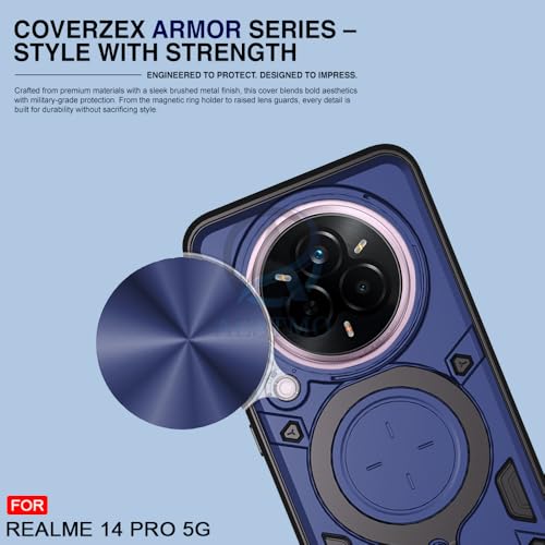 Image of AESTMO Armor Realme 14 Pro 5G Bumper Back Case Cover | Ring Holder & CD Pattern Sliding Camera Shutter Cover | Back Case Cover for Realme 14 Pro 5G (Blue)