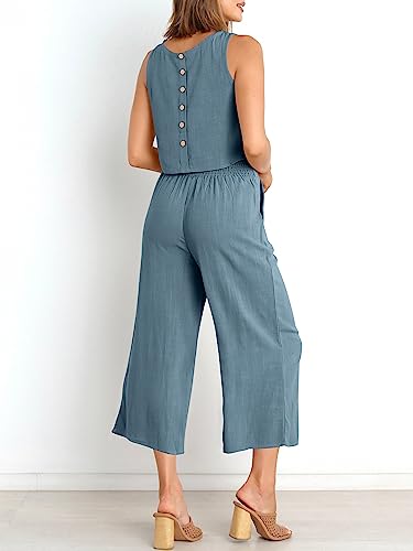Image of ANRABESS Women's Summer 2 Piece Outfits Sleeveless Tank Crop Button Back Top Cropped Wide Leg Pants Set Pockets