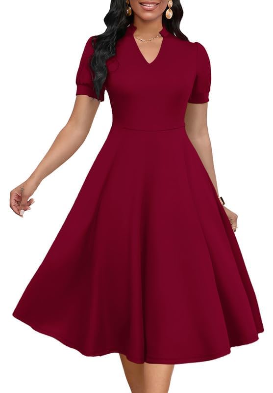 MarryUP Vestido acampanado de manga corta abombada con cuello en V para mujer, estilo casual, semiformal, para fiesta de cóctel