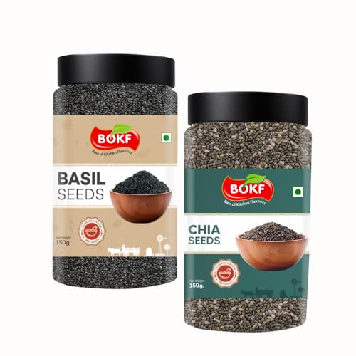 Image of BOKF Basil Seeds (Sabja) + Chia Seeds Combo Pack | Raw Superfoods | Rich in Fiber, Omega-3 & Protein | Ideal for Weight Management, Detox Drinks 300g