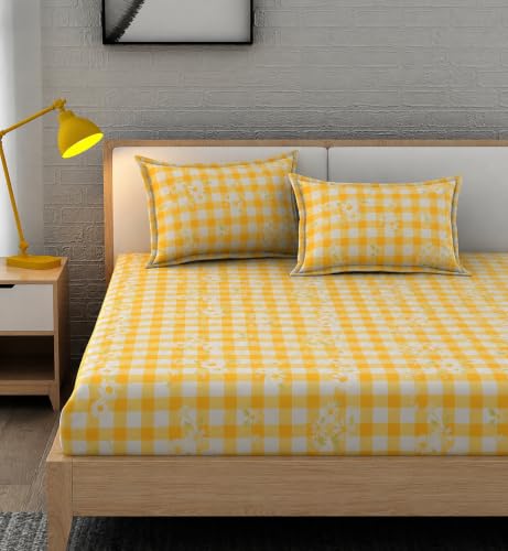 Image of 350 TC Premium Heavy Cotton Feel Elastic Fitted Bedsheet King Size with 2 Pillow Covers | All Around Elastic | Soft & Breathable Double Bed Sheet | (YellowCheck, Fitted Queen-60x78)