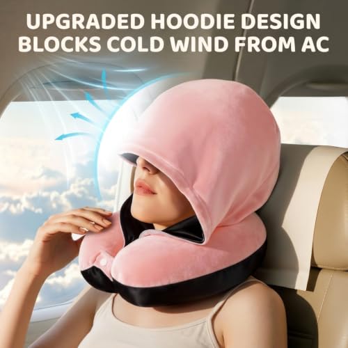 Image of Mewaii Travel Neck Pillow, Airplane Pillow with Hood, Memory Foam, Pink | Neck Support, Reversible, Adjustable Strap, Washable Cover, Cat-Ear Hood, Storage Bag, for Flights, Adults & Teens