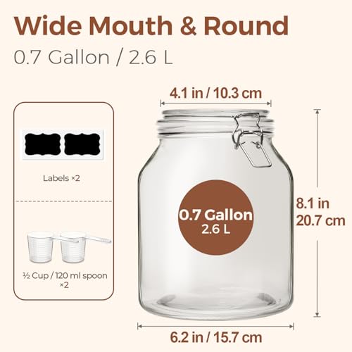 Image of ComSaf Glass Pantry Jars with Airtight Lids 0.7 Gal 2 Pack Wide Mouth Flour | BPA-free food-grade glass, wire clamp seal, wide mouth, 88 oz, bulk flour & sugar, rice, sourdough starter, candy & cookie