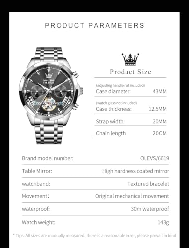 Image of OLEVS Automatic Self Winding Men's Wrist Watch Skeleton Stainless Steel Calendar Chronograph Waterproof Luminous Luxury Gift Branded Watch for Man