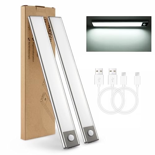 54 LED Motion Sensor Under Cabinet Lights,12in Closet Lights Wireless 2200mAh Battery USB Rechargeable Magnetic Under Counter Lights for Kitchen,Bedroom,Cupboard,Stairs,Night Light -Cold White,2 Pack