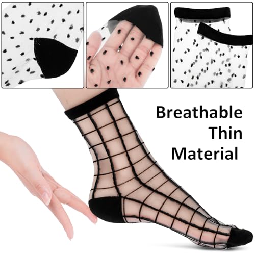 Image of 5 Pairs Sock Candy Sheer Socks Women Black Sheer Transparent Socks Ankle Ultra-Thin Triped Plaid Dot See Through Mesh Sock