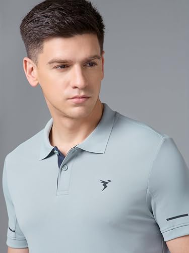 Image of TECHNOSPORT Men's Solid Slim Fit Polo Collar T-Shirt TECHNOCOOL+ Half Sleeve Button Polyester for Gym Running Workout UPF50+ Anti Odour