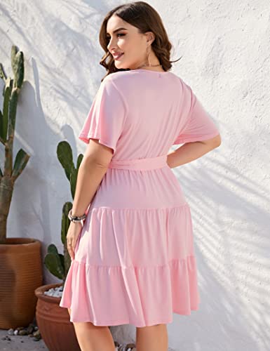 Image of KOJOOIN Women Plus Size V Neck Wrap Dress High Waisted Short Sleeves Summer Casual Midi Dress with Belt