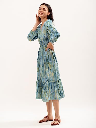 Image of AASK Abstract Printed Puff Sleeve Gathered Detailed Fit Flare Dress