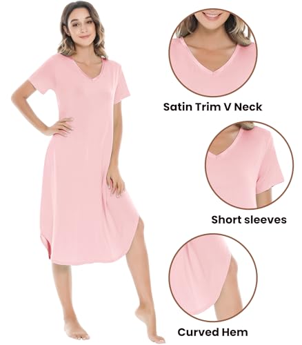 Image of NACHILA Nightgowns for Women-Viscose Made from Bamboo, V Neck Sleepshirts Short Sleeve Sleepwear Cool Nightshirt