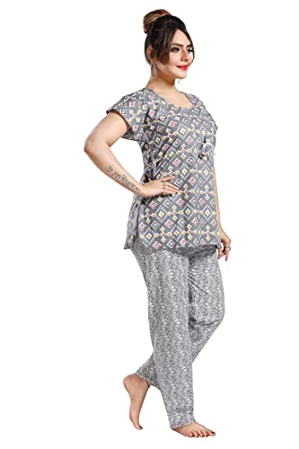 Image of Fabme Women's Cotton Printed Kaftan and Pyjama Set - Grey