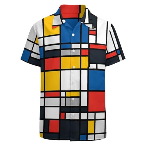 Mondrian Style Pattern Men's Button Down Short Sleeve Shirt Casual Summer Beach Tops4