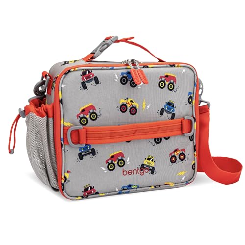 Bentgo Kids Lunch Bag - Double-Insulated, Reusable Lunch Bag for Kids 3+ with Adjustable Strap; Holds Lunch Box/Water Bottle/Snacks; Easy-Clean, Water-Resistant & Pockets (Trucks)