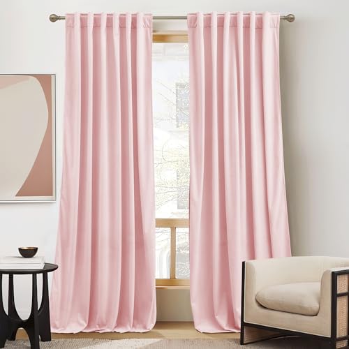 RYB HOME Baby Pink Velvet Curtains 84 inches, Back Tab Soft Fabric Room Darkening Thermal Insulated Luxurious Home Decor Curtains for Living Room...