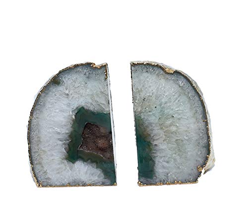 Nature’s Decorations - Gold-Rimmed Agate Bookends, Book Stoppers with Gold Edges, Agate Decor Crystal Bookends, Non-Skid Stone Bookends, Set of 2, Large, Approx. 3 x 6.5 x 5.5 in, 4-6 lbs, Green