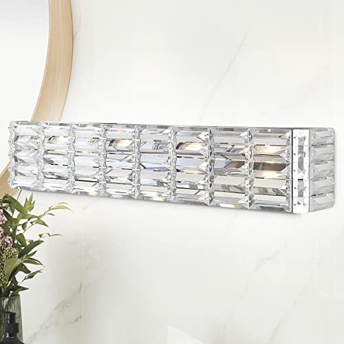 Image of JONATHAN Y 31.75 inch Chrome Modern Crystal Vanity Light, LED Bathroom Wall Sconce, 4-Light Fixture for Mirror, Glam Lighting with Clear Crystal Shade, Art Deco Makeup Wall Lamp (JYL7541A)