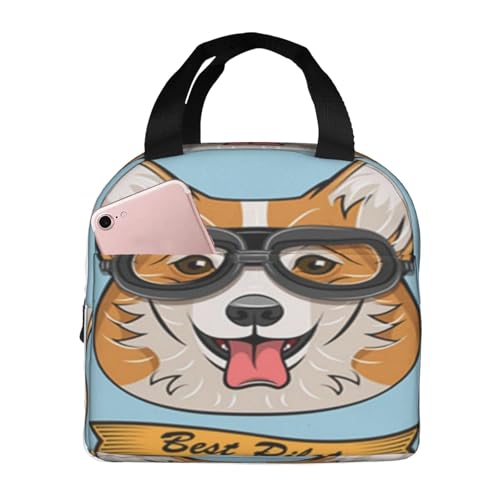 断熱ランチバッグ、大容量、防水、熱漏れ防止、スタイリッシュで丈夫、仕事、学校、アウトドア活動に便利、ユニセックス(かわいいパイロットコーギー犬の顔の旅行者レトロアビエイターグラス)