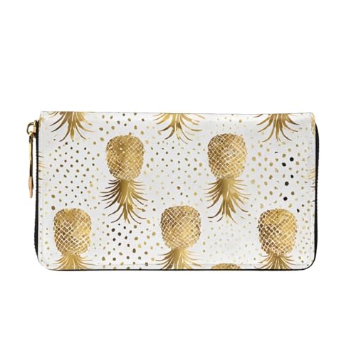 Gold Glitter Pineapples Fruit Print Men'S And Women'S Leather Wallet,Mobile Phone Bag,Soft Leather Printed Zipper Coin Purse,Multi Card Slot Wallet2
