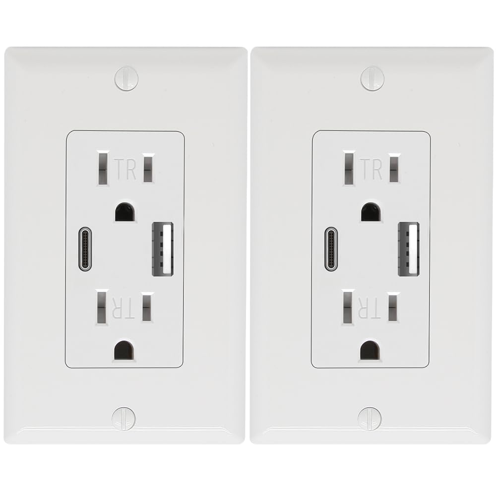 2 Pack - POWAWINI Wall Outlet 15 Amp UL Listed USB C USB A Port Self-Test with LED